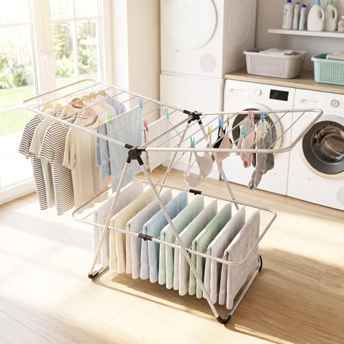 Tangkula Clothes Drying Rack Foldable, 2-Level Heavy-Duty Aluminum Laundry Dr...
