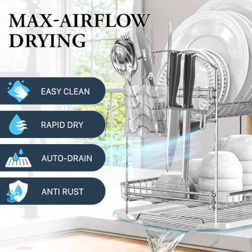 Simple Houseware 2-Tier Stainless Steel Dish Rack with Drainboard, Chrome