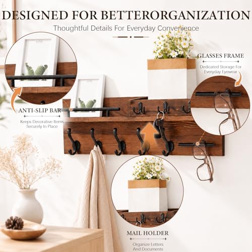 Wooden Wall Mounted Coat Rack for Entryway, Coat Rack Wall Mount with Shelf