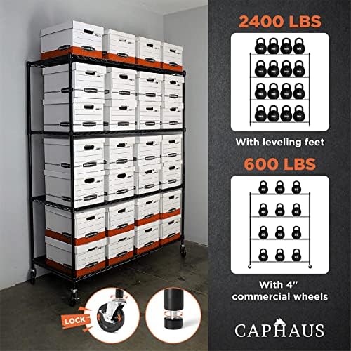 CAPHAUS 4-Tier Heavy Duty Adjustable Height Wire Shelving Unit w/Wheels &...