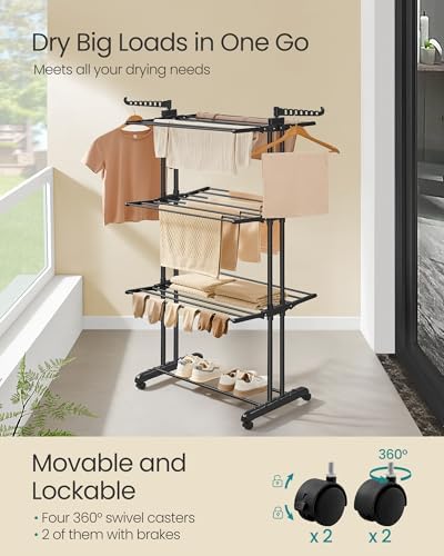 SONGMICS 4-Tier Clothes Drying Rack, Foldable, Rolling, 66.6-Inch Tall