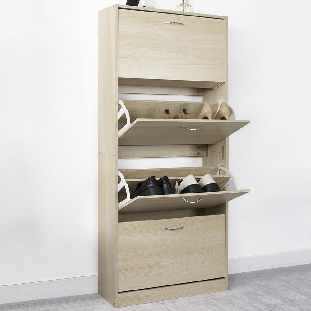 BAKAJI Shoe Rack in MDF Wood with 4 Folding Shoe Doors, Metal Handles Double ...
