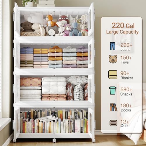 BROVIEW 880 Qt Extra Large Stackable Storage Bin with Lids, 4 Pack White