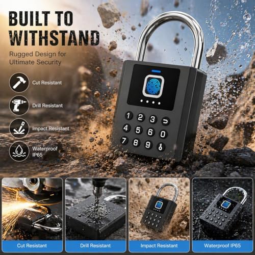 Smart Fingerprint Padlock with Code,Heavy Duty Combination Lock with Key,Blue...