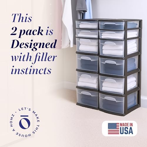 HOMZ 6 Drawer Storage Cart, Large Plastic Container, Black Frame, 2 Pack