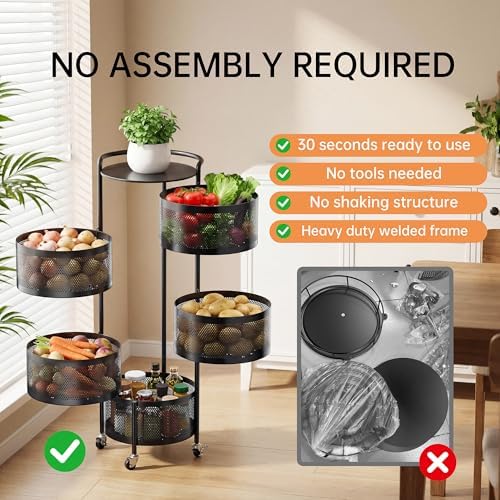 JAQ No Assembly Rotating Kitchen Storage Rack, 5-Tier Metal Basket Organizer ...