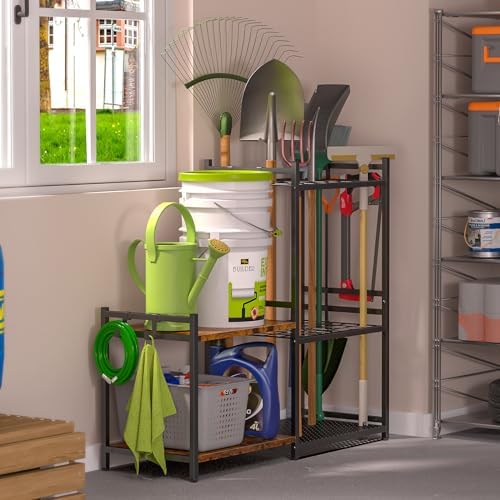 DAOUTIME Garage Tool Organizer with 2-tier Wooden Shelves, Yard Tool Organize...
