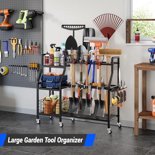 keomaisyto Heavy-Duty Garden Tool Organizer with 6 Wheels and 2 Baskets