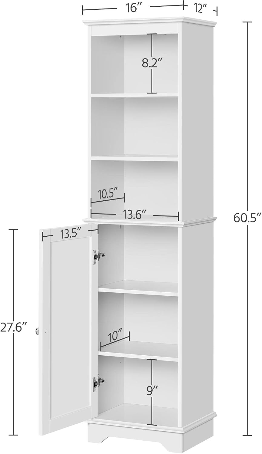Yaheetech Tall Narrow Bathroom Storage Cabinet with Door and Shelves, White