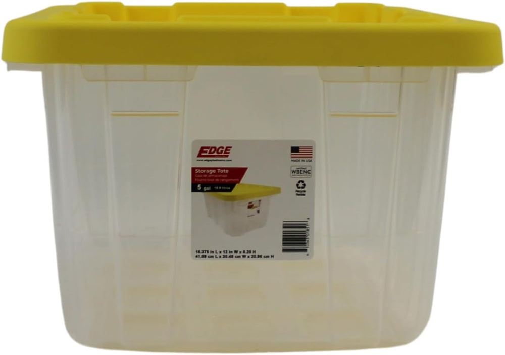 Edge Plastics 5 Gallon Tough Tote, Clear Base with Yellow Lid, 5-Pack