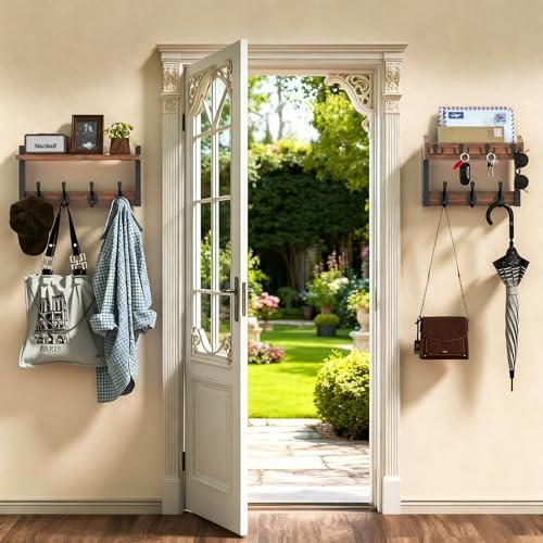 29'' Rustic Coat Rack Wall Mount with Shelf, Solid Wood Coat and Key ...
