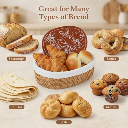 YANGQIHOME Bread Warmer Basket with Stone, Tortilla Warmer, Rattan Bread Bask...