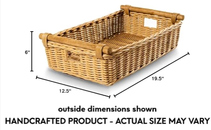 The Basket Lady Low Pole Handle Wicker Storage Basket, 19.5 in L x 12.5 in W x