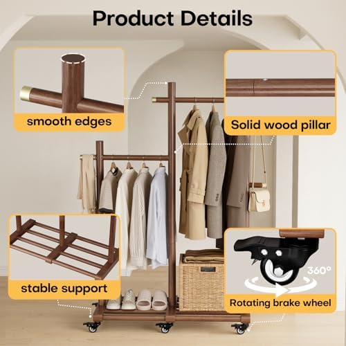 Wooden Clothing Rack, Double Pole Clothes Rack with 4 Hooks & 6 Wheels