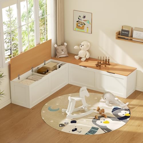 L Shaped Bench with Storage, 63" Breakfast Nook Benches, Wood Kitchen Co...