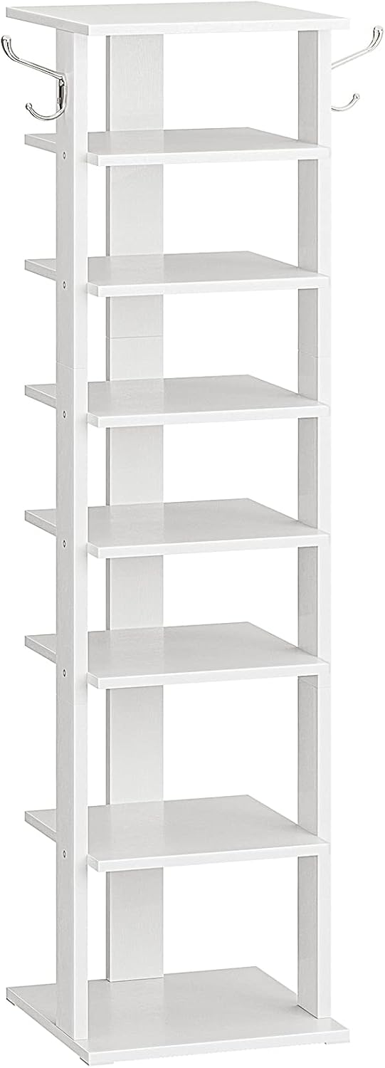 HOOBRO 8 Tiers Vertical Shoe Rack, Wooden Shoe Storage Organizer with Hooks, ...