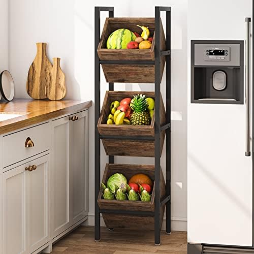LITTLE TREE 3-Tier Basket Stand, Wooden Floor Stand Shelving Unit, Standing O...