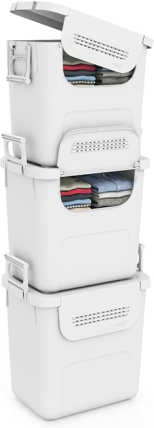 GIANTEX 32QT Stackable Storage Bins with Lids, 3 Pack Plastic Totes with Fron...