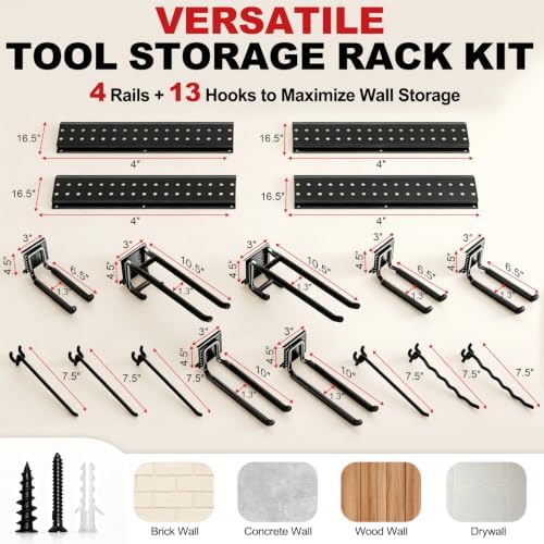 Garage Tool Organizer Wall Mount 66 inches with 13 Adjustable Heavy-Duty Hook...