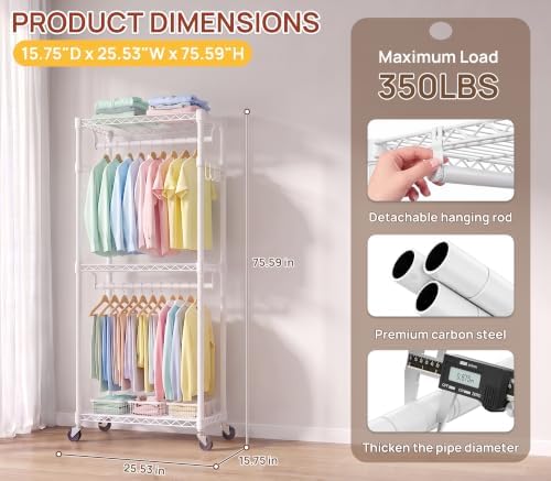 Rolling Clothing Rack-Heavy Duty Clothes Rack with Lockable Wheels, White