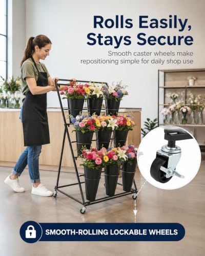 Flower Display Stand with 9 Buckets, 3-Tier Metal Flower Cart with Wheels, He...