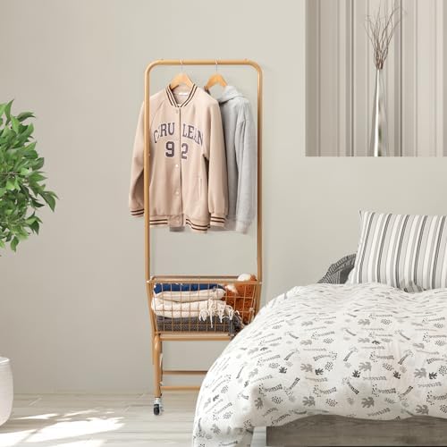 ALIMORDEN Rolling Laundry Cart with Hanging Rack & Metal Basket, Gold