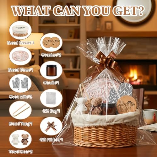 Bread Warmer Basket with Terracotta Stone, Wicker Bread Basket Gift Set