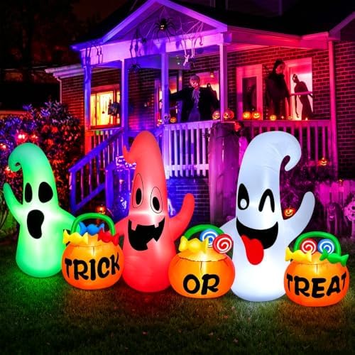 8 Ft Halloween Inflatable 3 Ghosts with Trick or Treat Pumpkin Candy Bags
