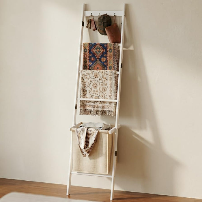 BAMBANG 6-Tier Blanket Ladder for Living Room, Blanket Quilt Ladder Rack Rustic Decorative Towel Holder, Wall Leaning Blanket Ladder Shelf Storage Farmhouse Decor for Bedroom Bathroom (ZYL-White)