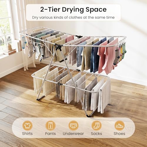 Tangkula Clothes Drying Rack Foldable, 2-Level Heavy-Duty Aluminum Laundry Dr...