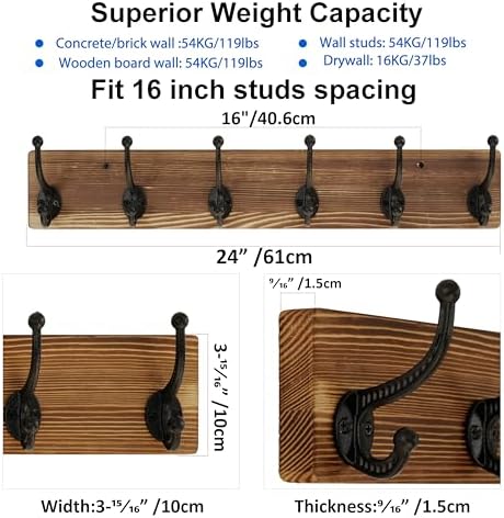 WEBI Rustic Coat Rack Wall Mount,24" Long 6 Cast Iron Coat Hooks Wall Mo...