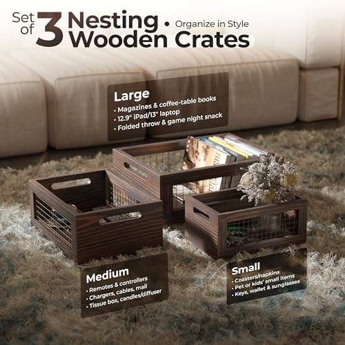 Set of 3 Extra Large Wooden Nesting Countertop Baskets, Rustic Wood Storage O...