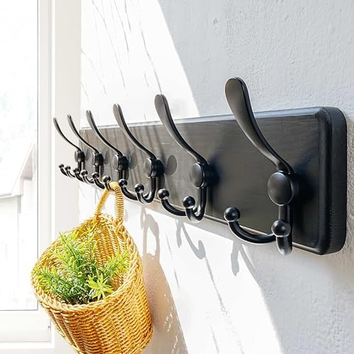 Dseap Coat Rack Wall Mounted - 24" Long 6 Tri Hooks, Heavy Duty Wooden W...