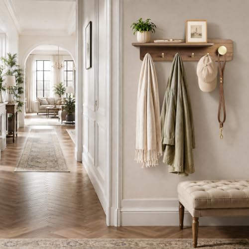 Coat Rack Wall Mount with Shelf, Solid Wood, 5 Brass Hooks, Brown
