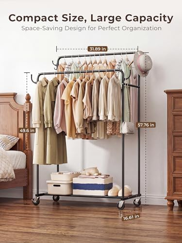 Clothes Rack, Rolling Clothing Rack with Double Rods for Hanging Clothes, Por...
