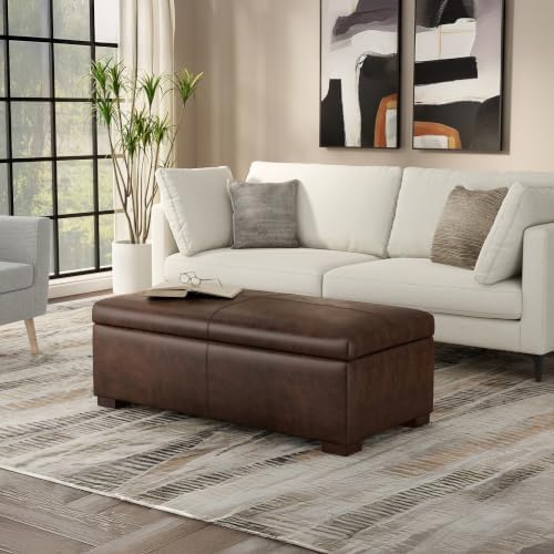 SIMPLIHOME Gabbie 48" Wide Vegan Leather Storage Ottoman in Chestnut Brown