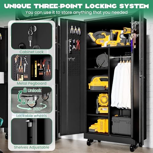 71" Tall Broom Closet Storage Cabinet with Lock,Heavy Duty Garage Storag...