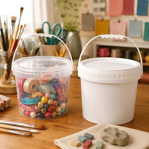 4 Pack 1 Gallon Plastic Buckets with Screw Lids & Handle, 2 Clear + 2 Whi...