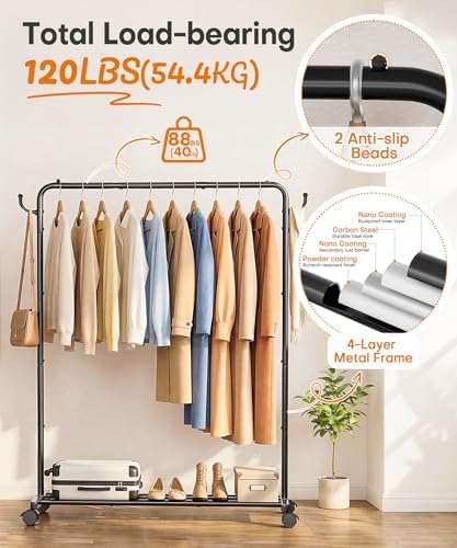 Homde Portable Clothes Rack for Bedroom: 4 Lockable Wheel Move Room-to-Room