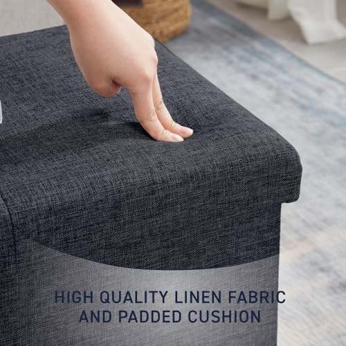 Ornavo Home 30 Inch Folding Storage Ottoman Bench, Tufted Linen, Black