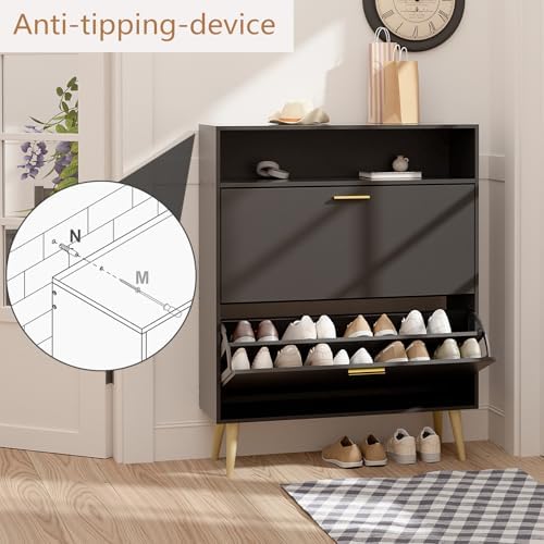LYNSOM Entryway Shoe Cabinet Set of 2 with 2 Flip Drawers and Open Storage, B...
