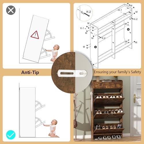 Thacuok Shoe Cabinet with 3 Flip Drawers & 2 Storage Drawers, Rustic Farm...