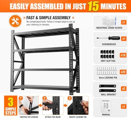 5000LBS Garage Shelving, 71" W Heavy Duty Metal Adjustable 4 Tier Storag...