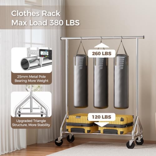 HYSEYY Clothes Rack, Rolling Heavy Duty Clothing Rack Load 380 LBS