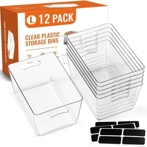 12 Pack LARGE Multi-Use Clear Storage Bins, Pantry Kitchen Organizer Bins