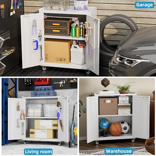 SUXXAN Small Storage Cabinet with Wheels and Pegboard,Assembly Required
