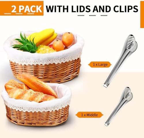 Ziliny 2 Set 11" 12" Bread Basket, Natural with White Liner Cover