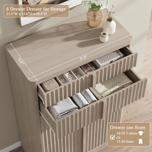 YANSNWO 48.6" Tall Fluted 6 Drawer Dresser for Bedroom, White Alder