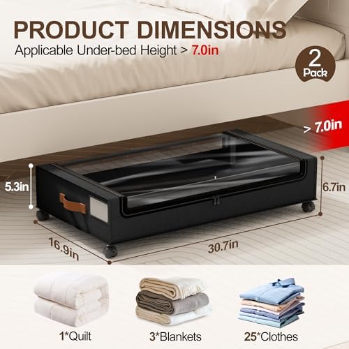 LAMU Under Bed Storage with Wheels, 2Pack Underbed Storage Containers,Black