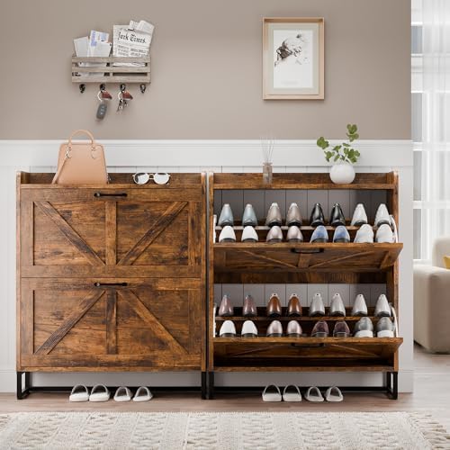 MU Shoe Storage Cabinet with 2 Flip Drawers, Freestanding Shoe Rack Cabinet w...